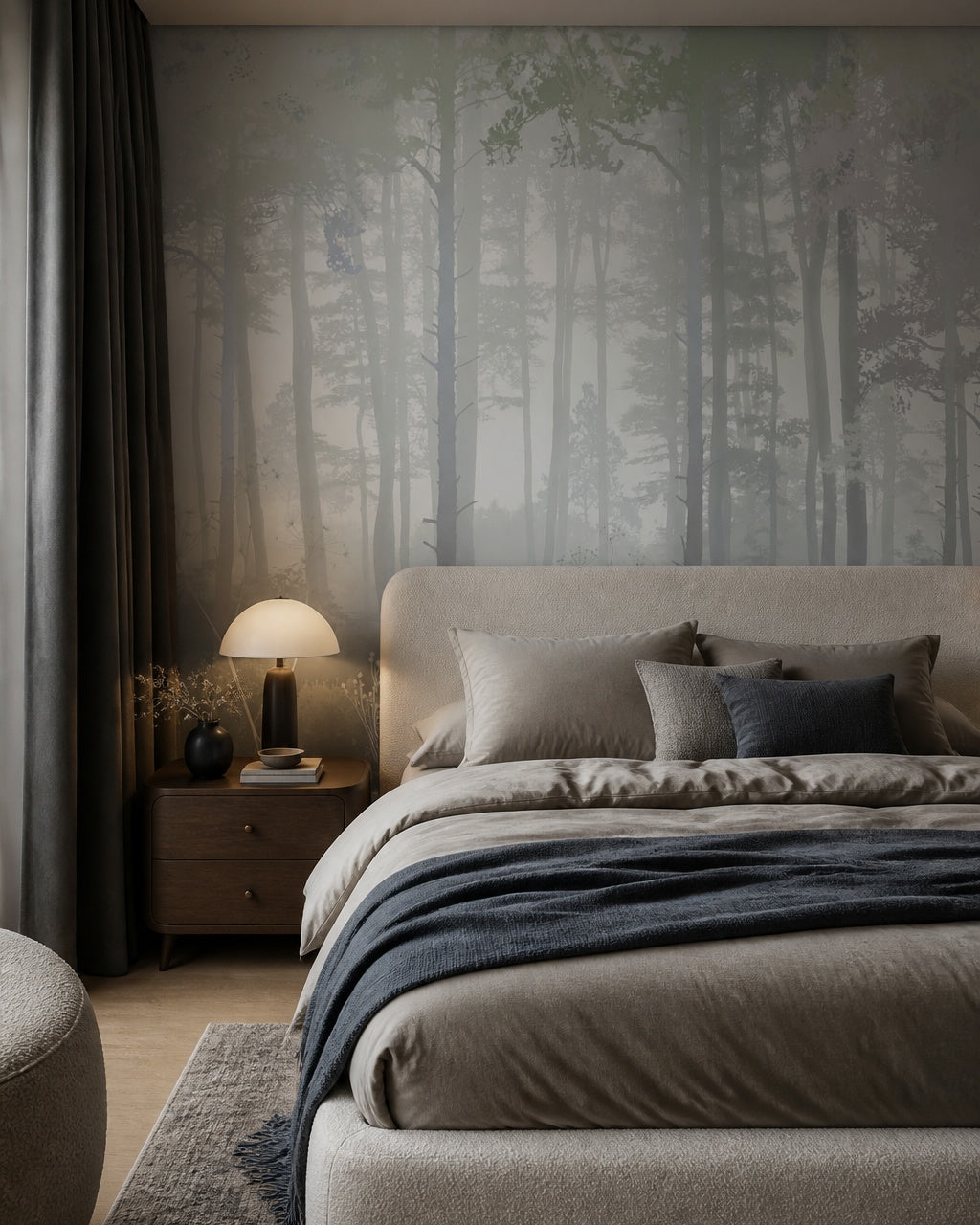 Blue grey misty forest wallpaper in a designer bedroom.