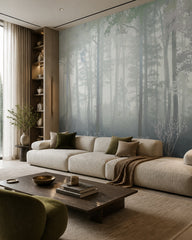 Blue grey misty forest wallpaper in a designer living room.