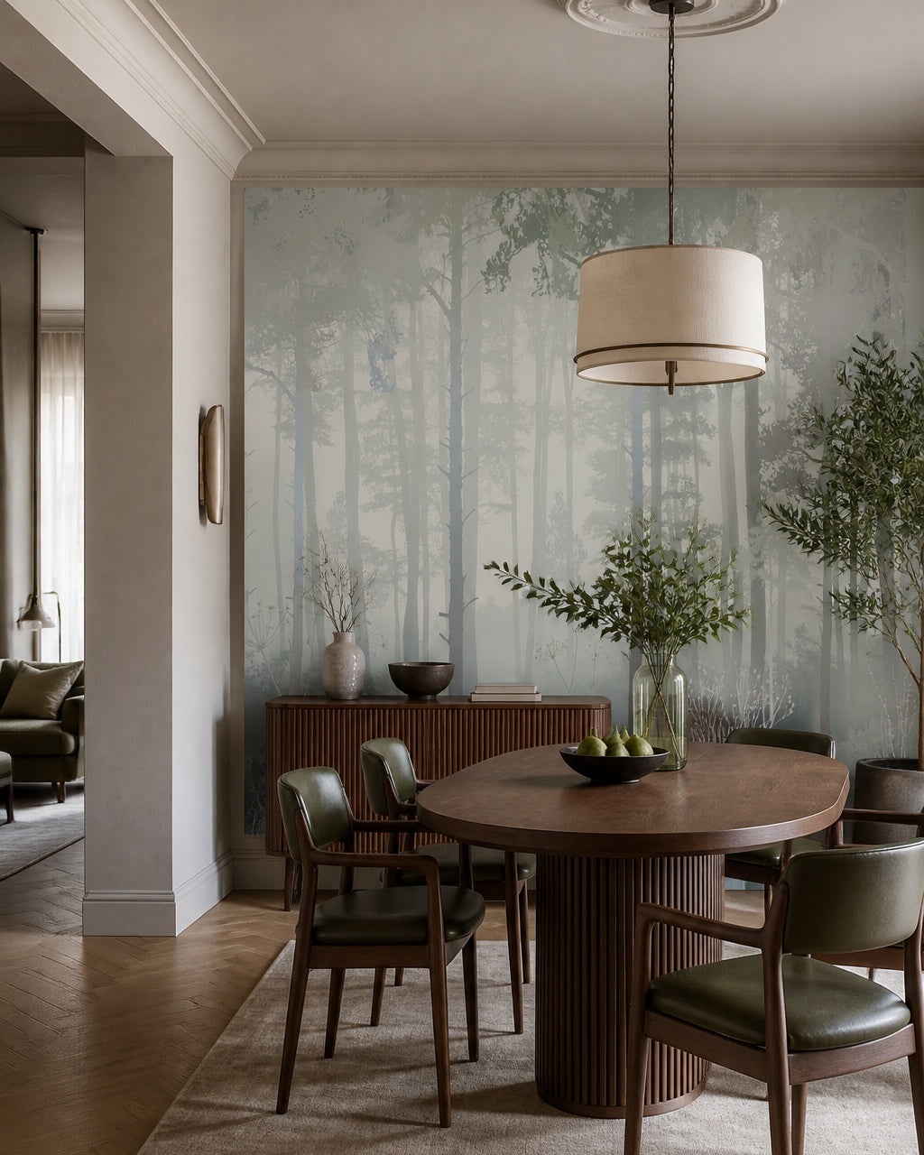 Blue grey misty forest wallpaper in a refined dining area.
