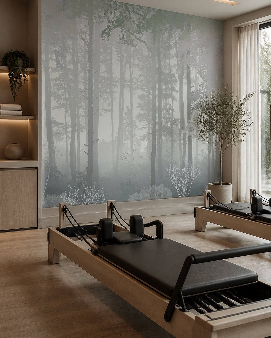 Blue grey misty forest wallpaper in a fitness studio.
