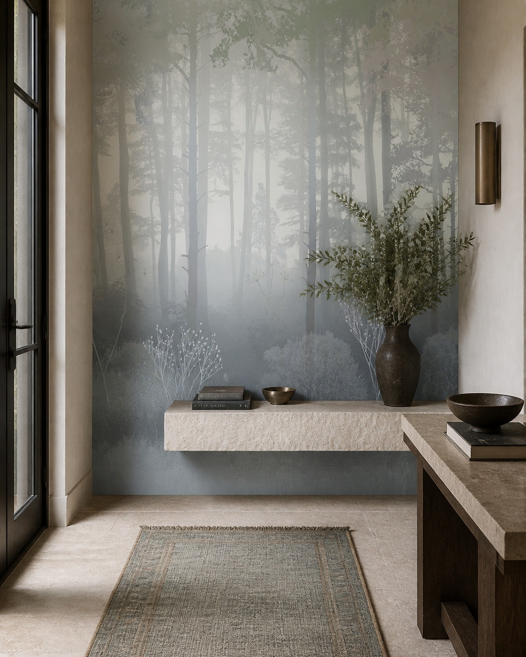 Blue grey misty forest wallpaper in a refined foyer.
