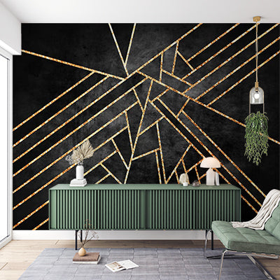 Dramatic Black Wallpaper with Gold Geometric Lines