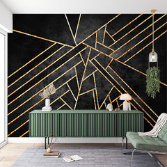 Custom Dramatic Black Wallpaper with Gold Geometric Lines