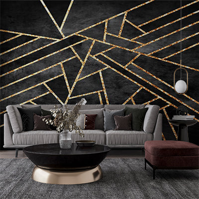 Dramatic Black Wallpaper with Gold Geometric Lines