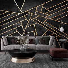 Custom Dramatic Black Wallpaper with Gold Geometric Lines