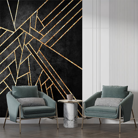 Dramatic Black Wallpaper with Gold Geometric Lines