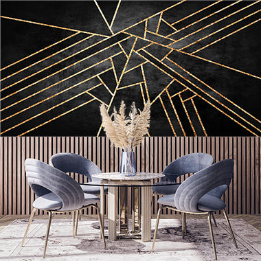 Dramatic Black Wallpaper with Gold Geometric Lines