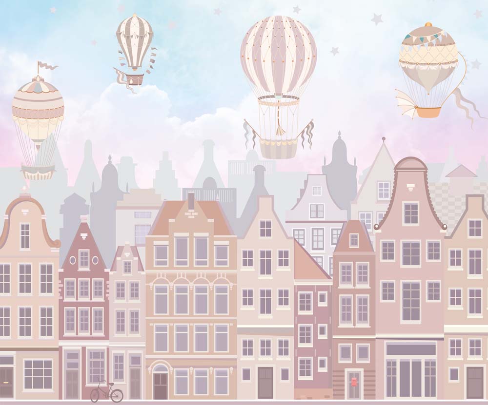 Kids Wall Mural Kids City Print Air Balloons Scandinavian Wallpaper for Girl