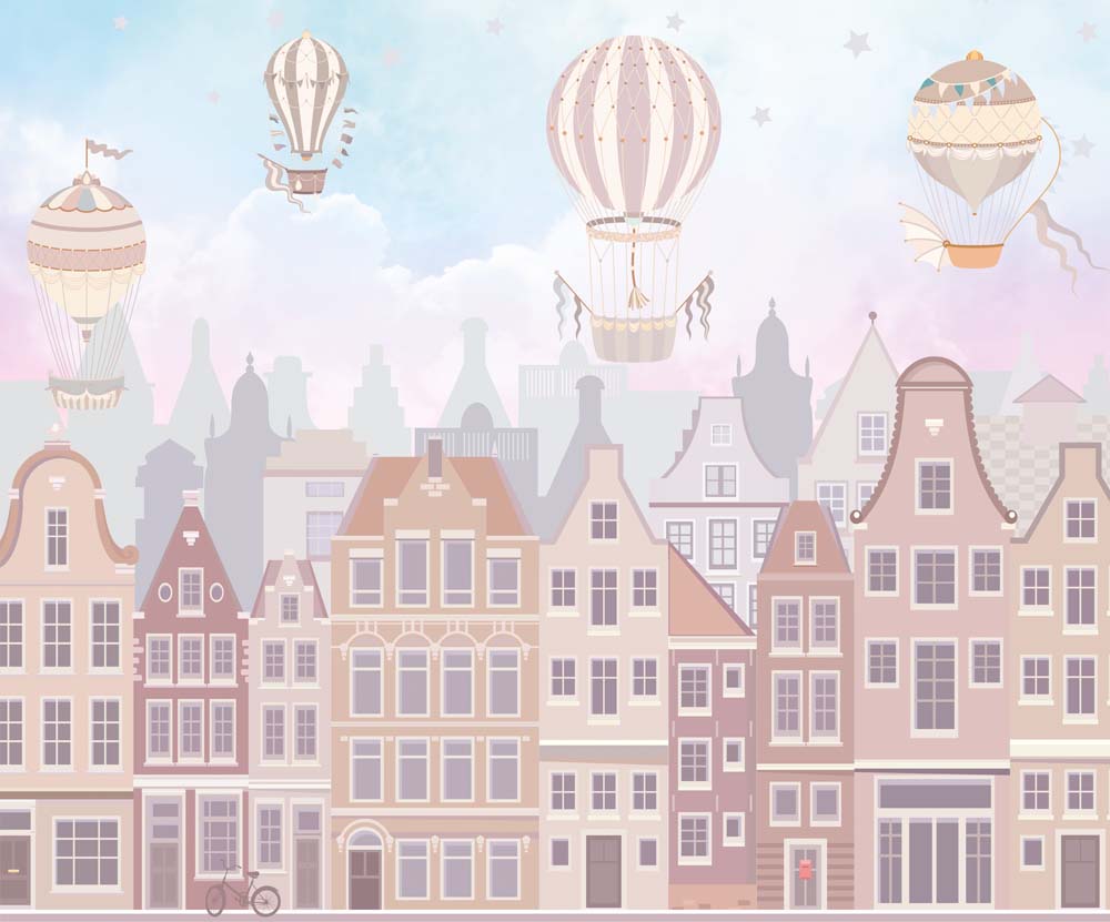 Pastelkleurige luchtballonnen boven de stad – behang