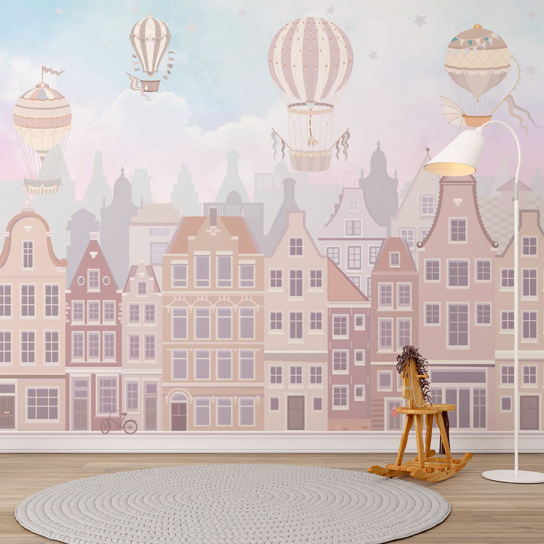 Kids Wall Mural Kids City Print Air Balloons Scandinavian Wallpaper for Girl