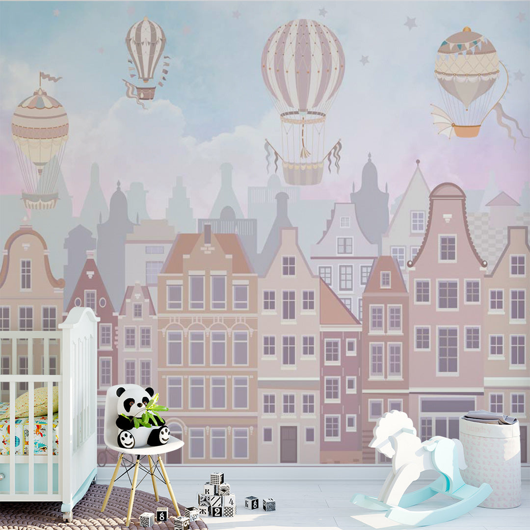 Kids Wall Mural Kids City Print Air Balloons Scandinavian Wallpaper for Girl