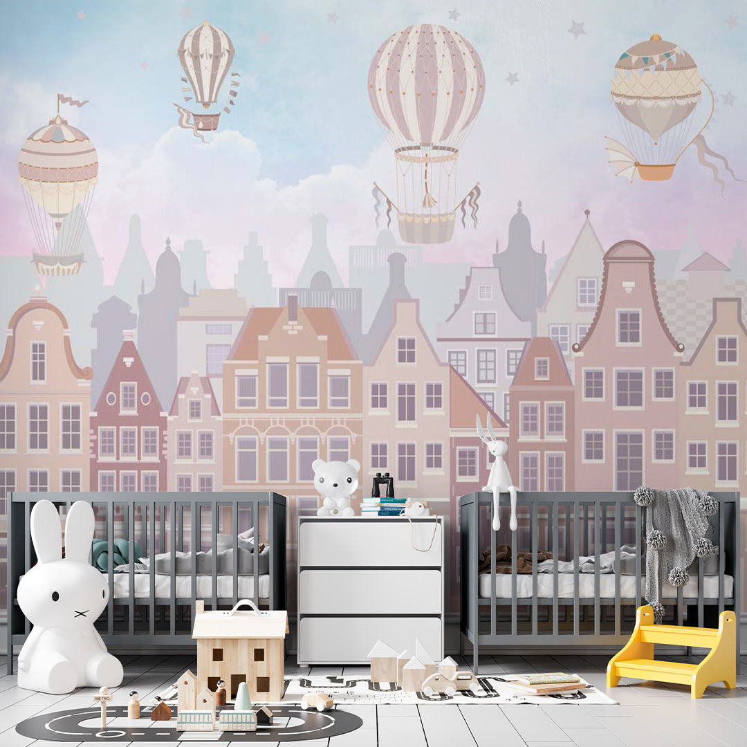 Kids Wall Mural Kids City Print Air Balloons Scandinavian Wallpaper for Girl