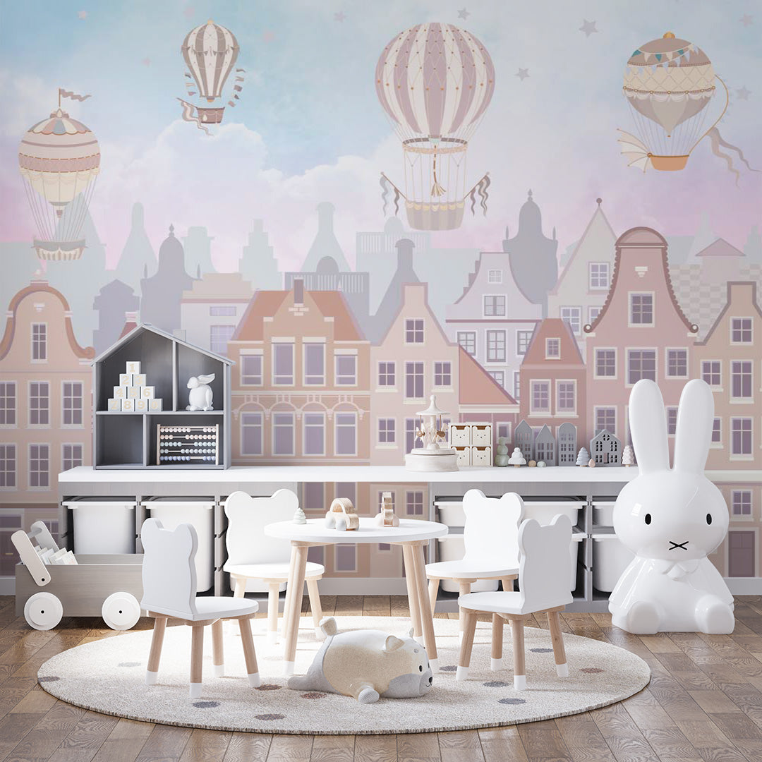 Kids Wall Mural Kids City Print Air Balloons Scandinavian Wallpaper for Girl