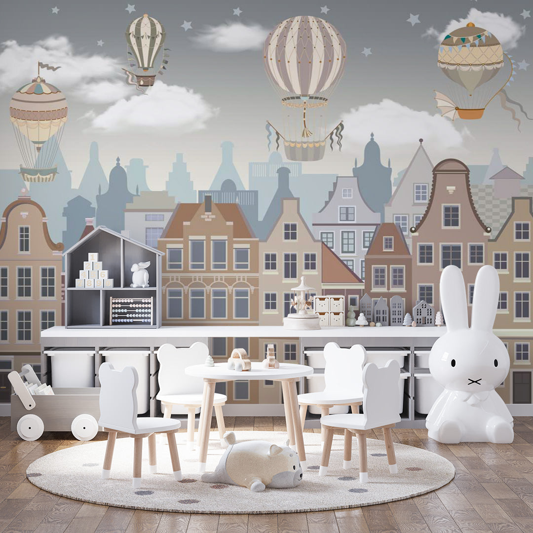 Kids Wall Mural Kids City Print Air Balloons Scandinavian Wallpaper for Kids