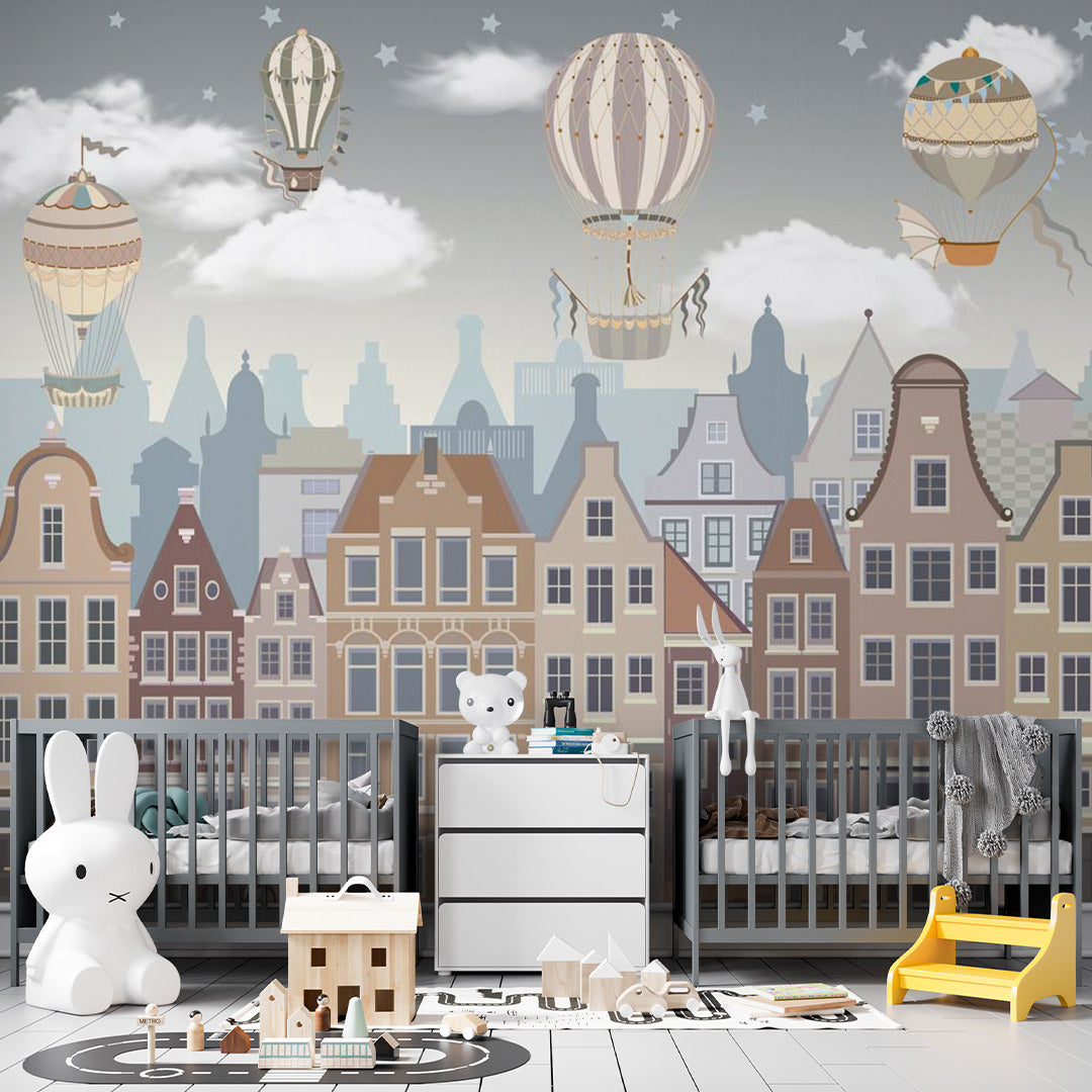 Kids Wall Mural Kids City Print Air Balloons Scandinavian Wallpaper for Kids