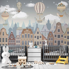 Custom Kids Wall Mural Kids City Print Air Balloons Scandinavian Wallpaper for Kids