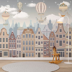 Custom Kids Wall Mural Kids City Print Air Balloons Scandinavian Wallpaper for Kids