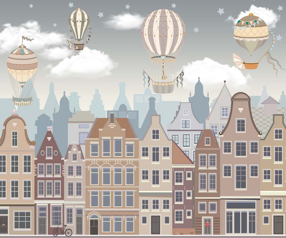 Papier peint montgolfières vintage au-dessus de la ville pour chambre d’enfant