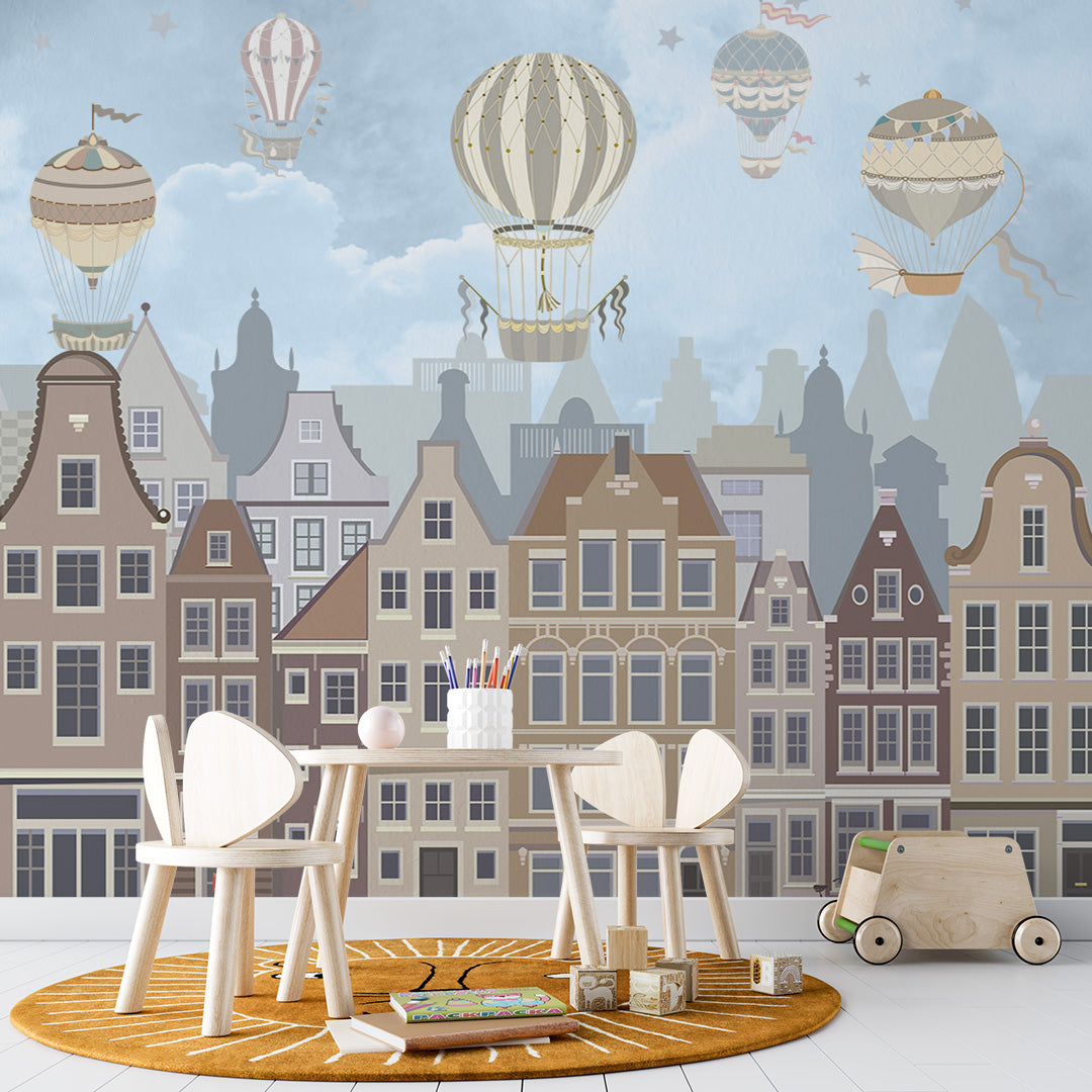 Kids Wall Mural Old City Market Hot Air Balloons Wallpaper for Kids