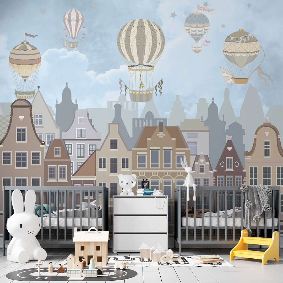 Kids Wall Mural Old City Market Hot Air Balloons Wallpaper for Kids