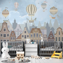 Old city houses with hot air balloons in a blue sky wall mural – view 6