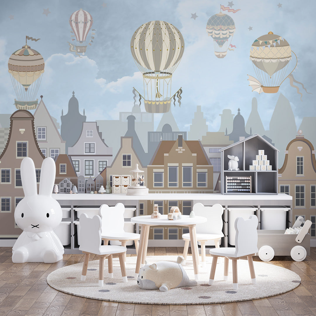 Kids Wall Mural Old City Market Hot Air Balloons Wallpaper for Kids