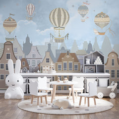 Old city houses with hot air balloons in a blue sky wall mural – view 5