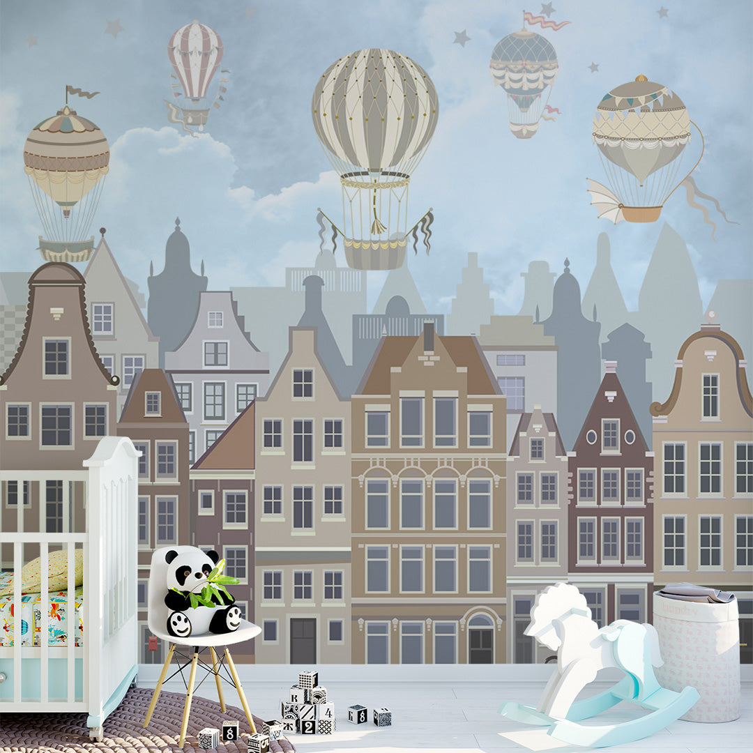 Kids Wall Mural Old City Market Hot Air Balloons Wallpaper for Kids