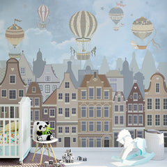 Old city houses with hot air balloons in a blue sky wall mural – view 4