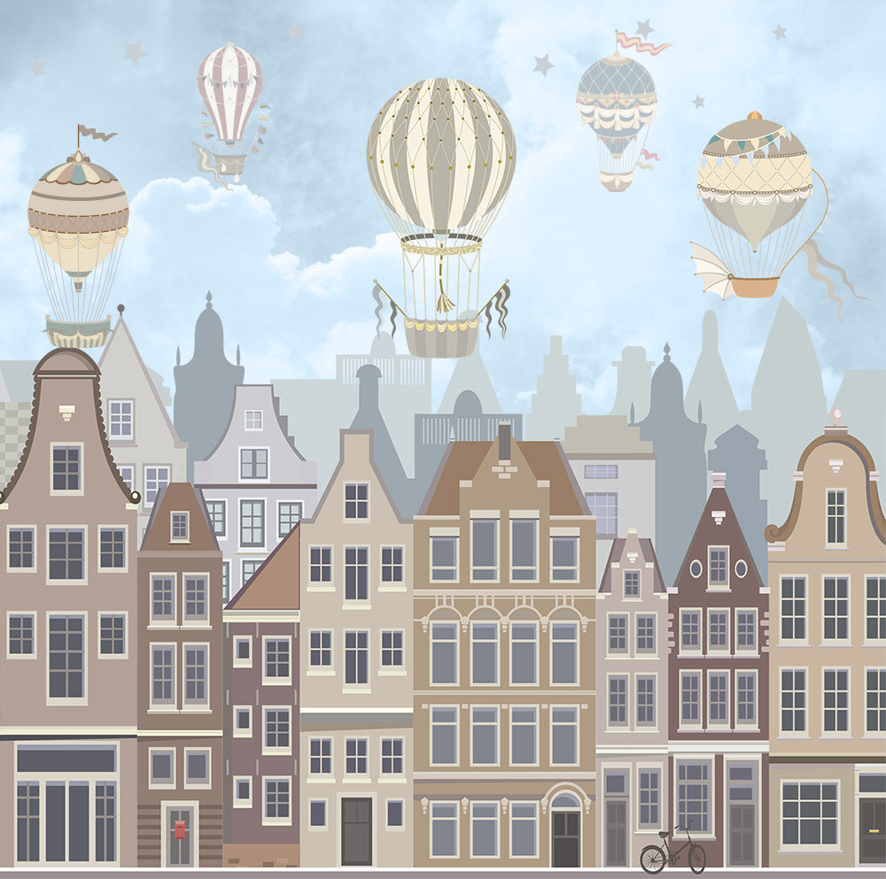 Papel pintado de globos aerostáticos sobre la ciudad vieja – Mural infantil vintage