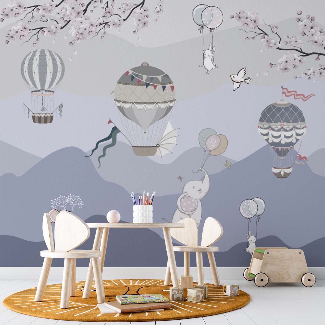 Kids Wall Mural Blue Mountains Hot Air Balloons Wallpaper for Kids