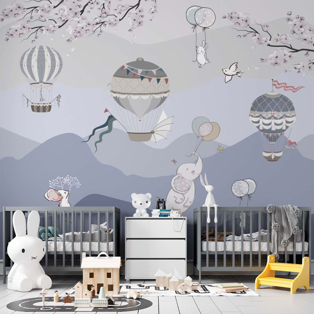 Kids Wall Mural Blue Mountains Hot Air Balloons Wallpaper for Kids