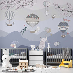 Custom Kids Wall Mural Blue Mountains Hot Air Balloons Wallpaper for Kids