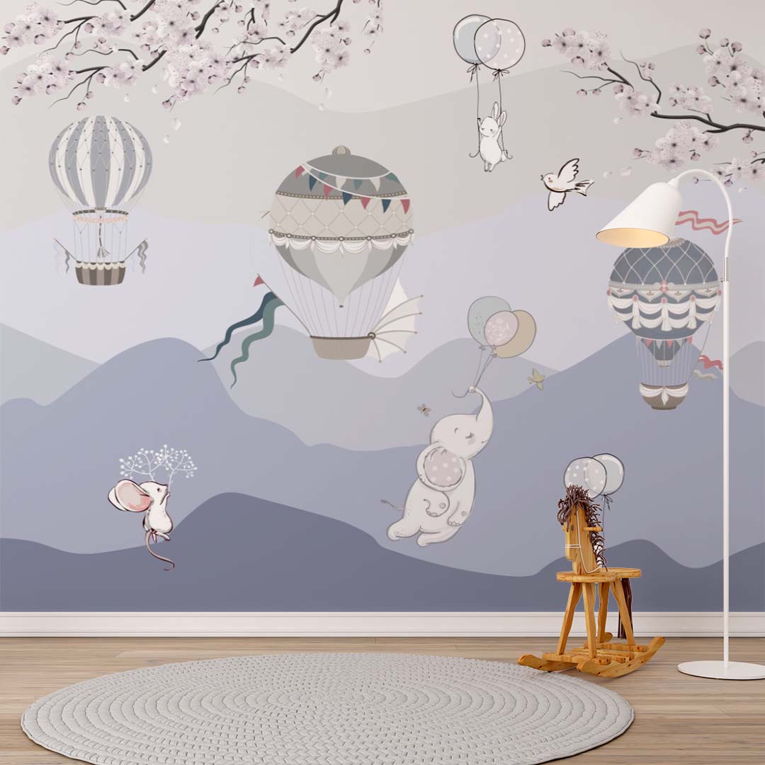 Custom Kids Wall Mural Blue Mountains Hot Air Balloons Wallpaper for Kids