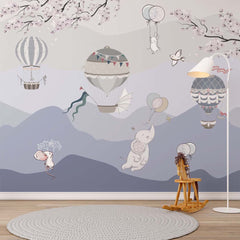 Custom Kids Wall Mural Blue Mountains Hot Air Balloons Wallpaper for Kids