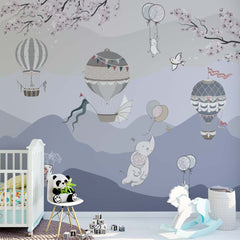 Custom Kids Wall Mural Blue Mountains Hot Air Balloons Wallpaper for Kids