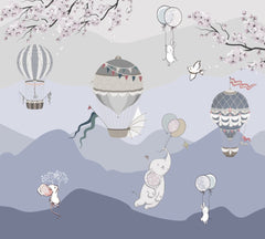 Custom Kids Wall Mural Blue Mountains Hot Air Balloons Wallpaper for Kids