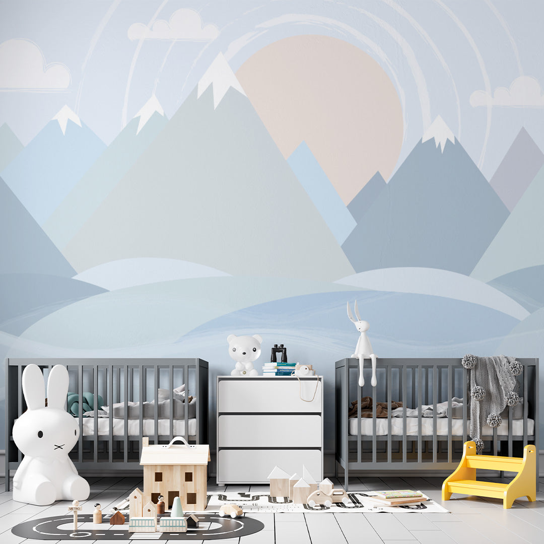 Kids Wall Murals Scandinavian Light Blue Mountains Geometric Wallpaper for Kids