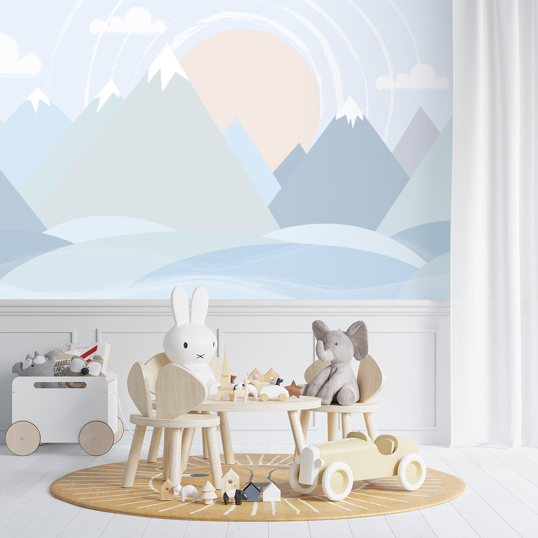 Kids Wall Murals Scandinavian Light Blue Mountains Geometric Wallpaper for Kids