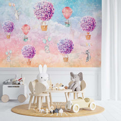 Custom Kids Wall Mural Hortenzia Blossom Cute Animals Hot Air Balloons Rainbow Sky Wallpaper for Kids