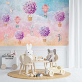 Kids Wall Mural Hortenzia Blossom Cute Animals Hot Air Balloons Rainbow Sky Wallpaper for Kids