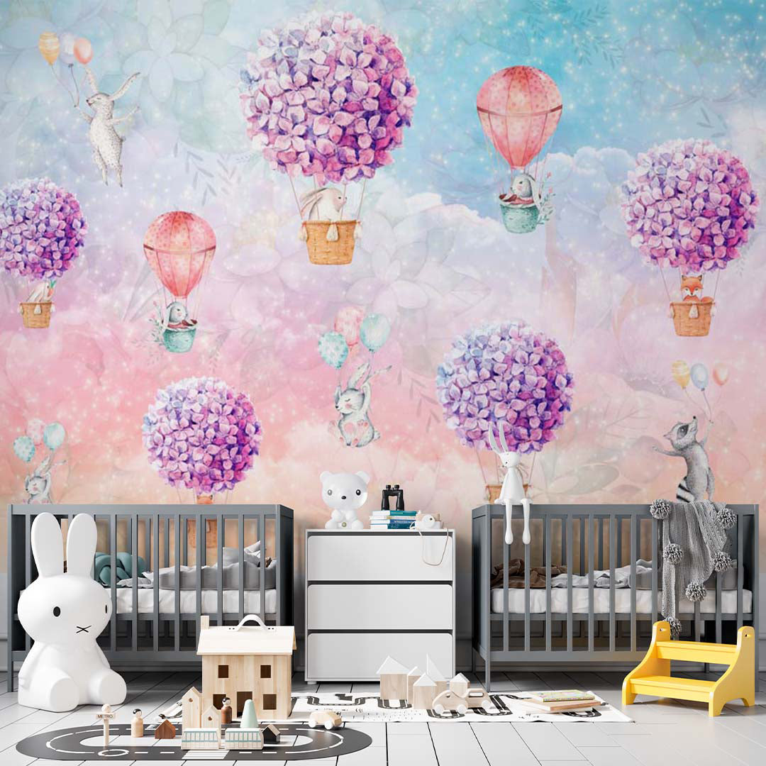 Kids Wall Mural Hortenzia Blossom Cute Animals Hot Air Balloons Rainbow Sky Wallpaper for Kids