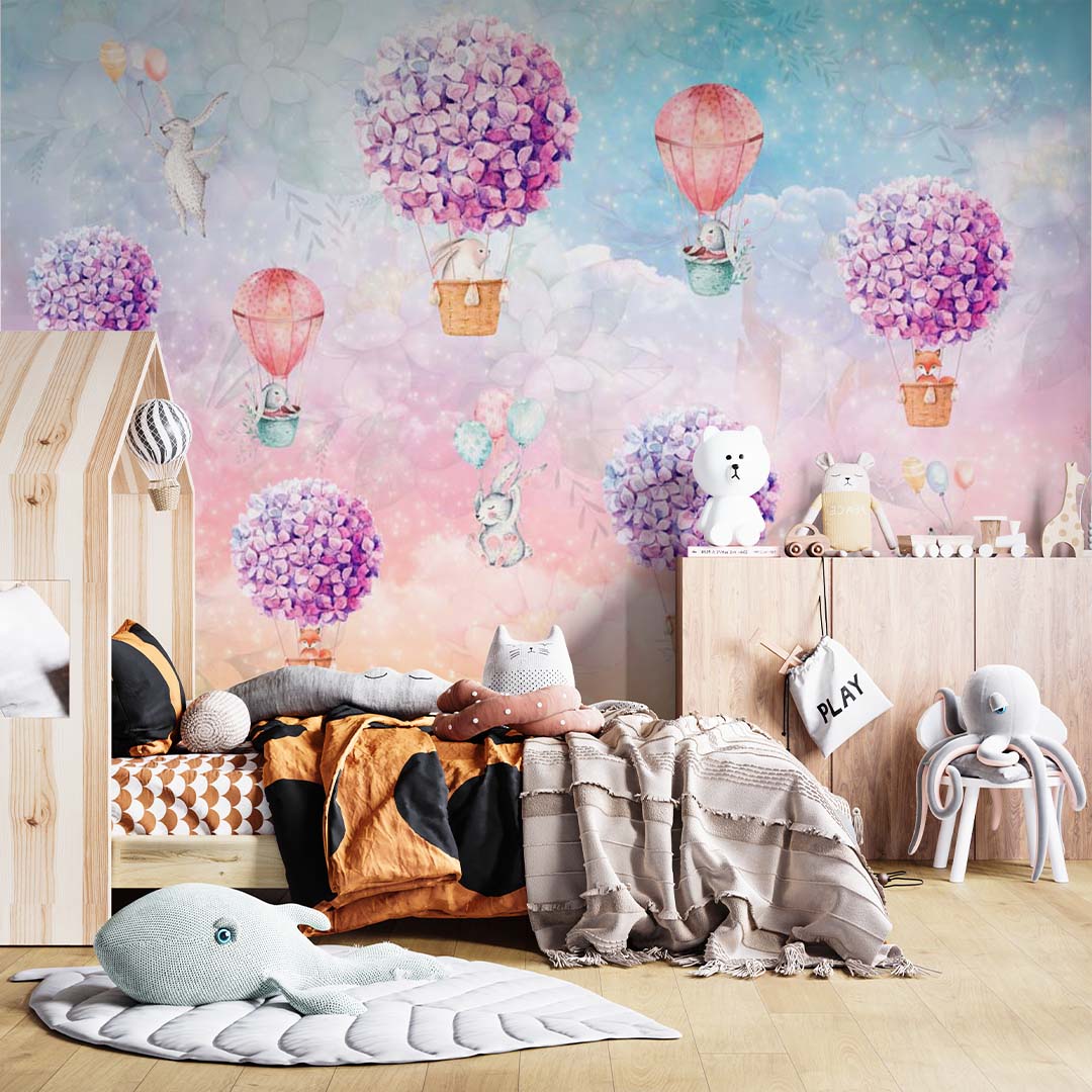 Kids Wall Mural Hortenzia Blossom Cute Animals Hot Air Balloons Rainbow Sky Wallpaper for Kids