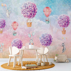 Custom Kids Wall Mural Hortenzia Blossom Cute Animals Hot Air Balloons Rainbow Sky Wallpaper for Kids