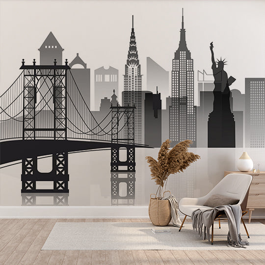 Minimalist New York City Silhouette Wall Mural - Iconic Skyline with Bridges and Statue of Liberty