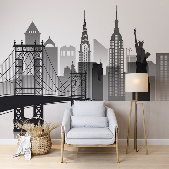 Minimalist New York City Silhouette Wall Mural - Iconic Skyline with Bridges and Statue of Liberty