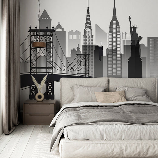 Minimalist New York City Silhouette Wall Mural - Iconic Skyline with Bridges and Statue of Liberty