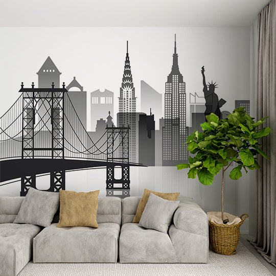 Minimalist New York City Silhouette Wall Mural - Iconic Skyline with Bridges and Statue of Liberty