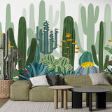 Vibrant Cactus Garden Mural Wallpaper - Colorful Desert Plants and Flowers Design