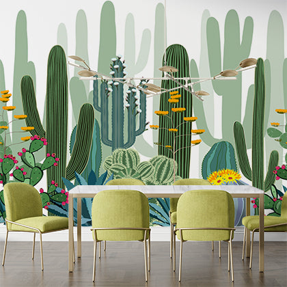 Vibrant Cactus Garden Mural Wallpaper - Colorful Desert Plants and Flowers Design